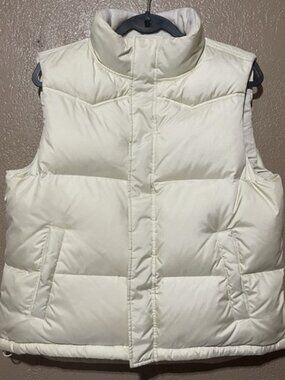 Ralph Lauren Women's Large Ivory White Down Ski Vest Fleece Puffer Zip Snap Up